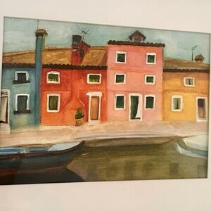 Original watercolor framed Colorful European houses along a canal Painting